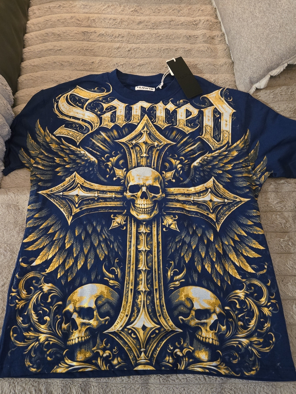 JAQWIN Sacred Heavyweight Drop Shoulder Graphic Tee - NWT Oversized Blue/Gold XL